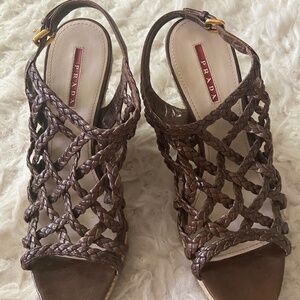 Prada sandals - Wedge Platform - Brown Woven Leather Ankle Strap - size 38